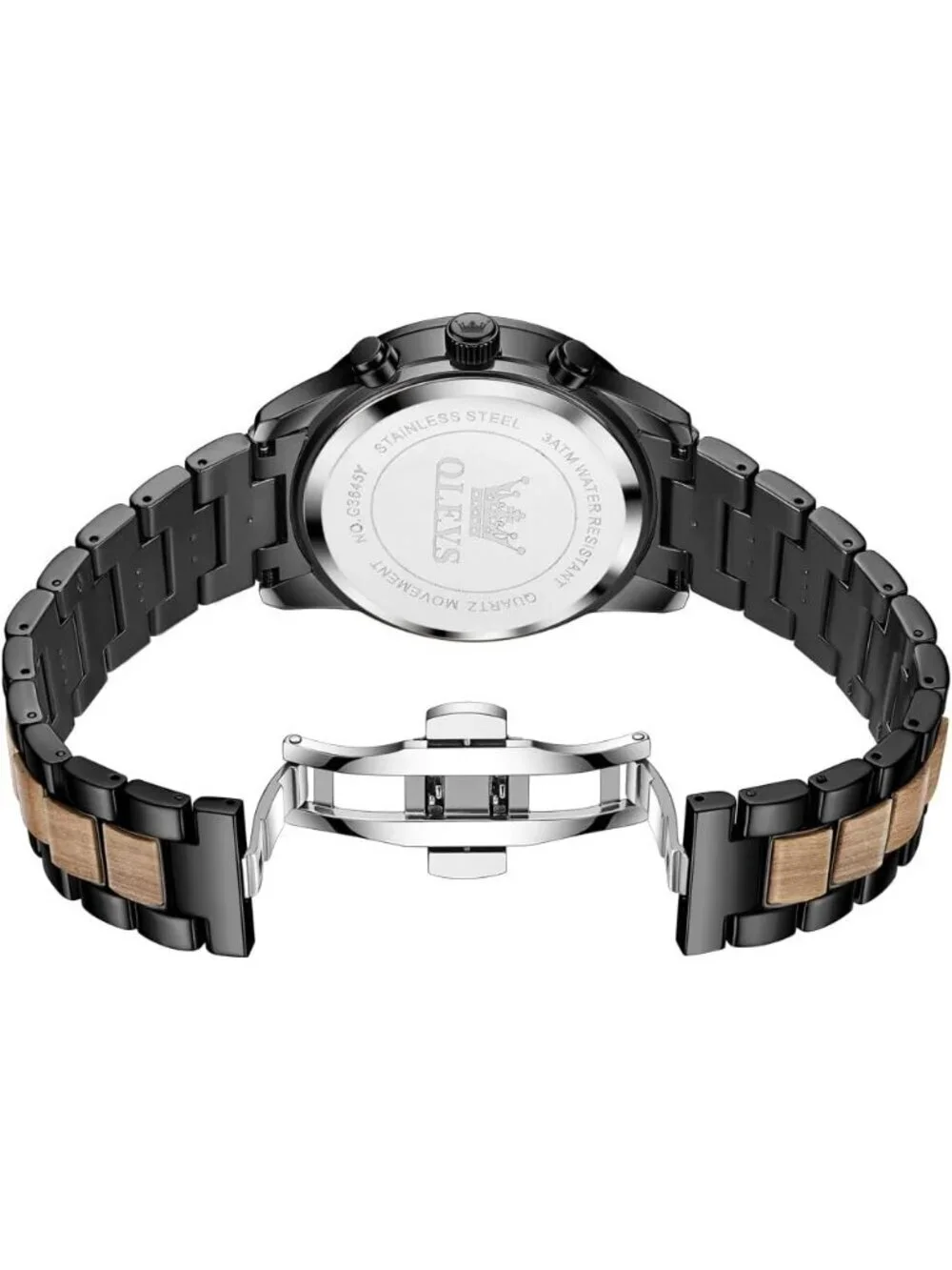 Men's Black Quartz Stainless Steel Waterproof Luminous Date Luxury Wooden Watch